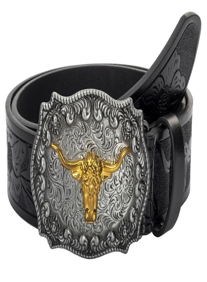 Vikodah Men Women-Western-Cowboy-Leather-Belts - Longhorn Bull Pattern Buckle Belt Floral Engraved Buckle Belt for Jeans - Image 2